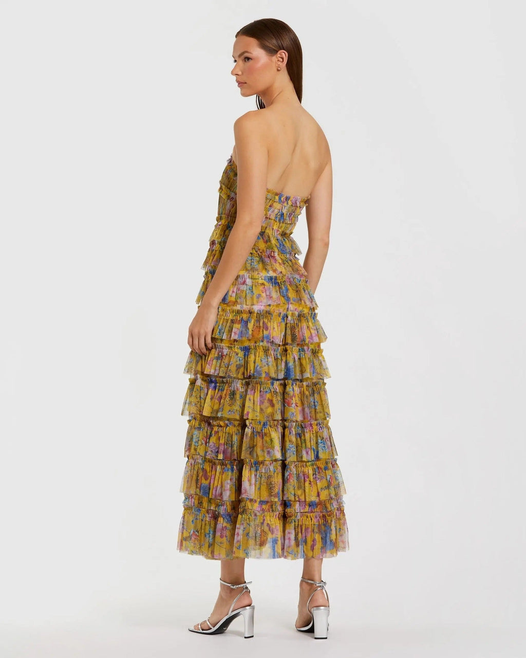 Yellow Multi Floral Tiered Strapless Midi Dress