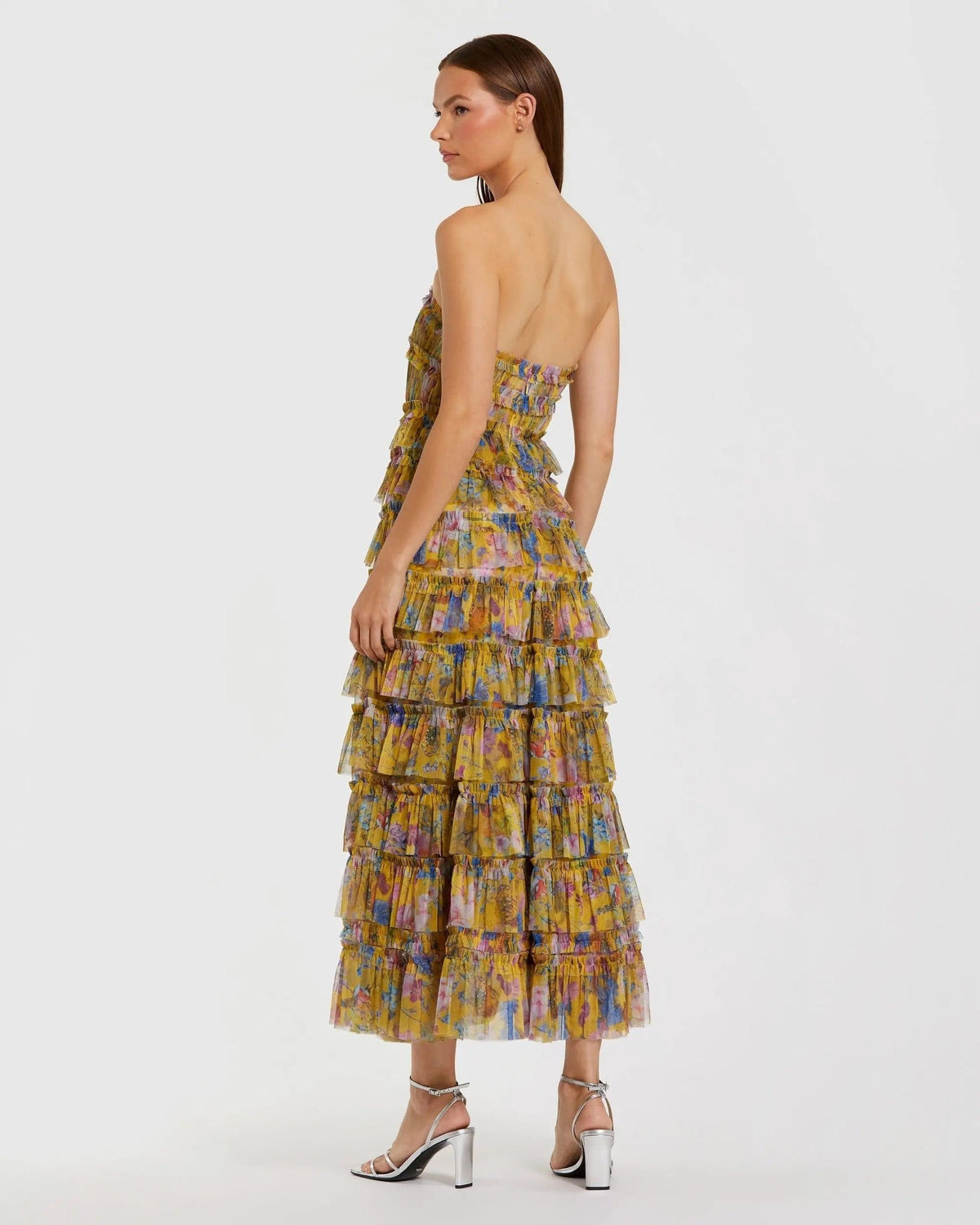 Yellow Multi Floral Tiered Strapless Midi Dress