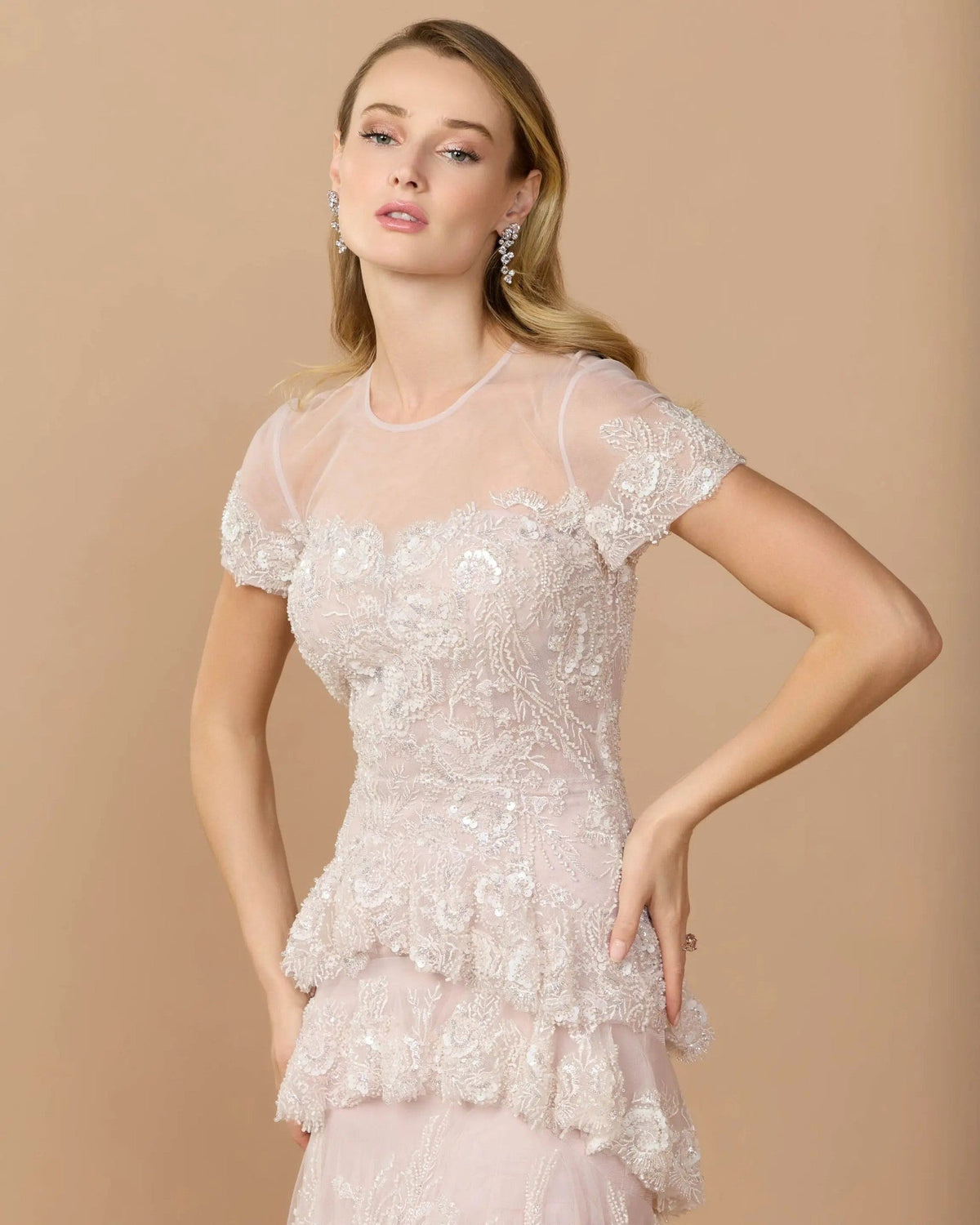 Rose Multi Embellished High Neck Gown With Tiered Ruffle Skirt