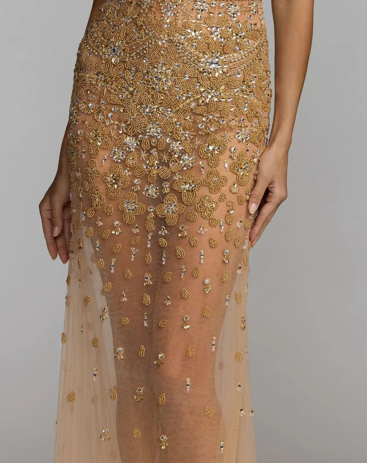 Nude Silver Hand Embellished Open Back Halter Gown