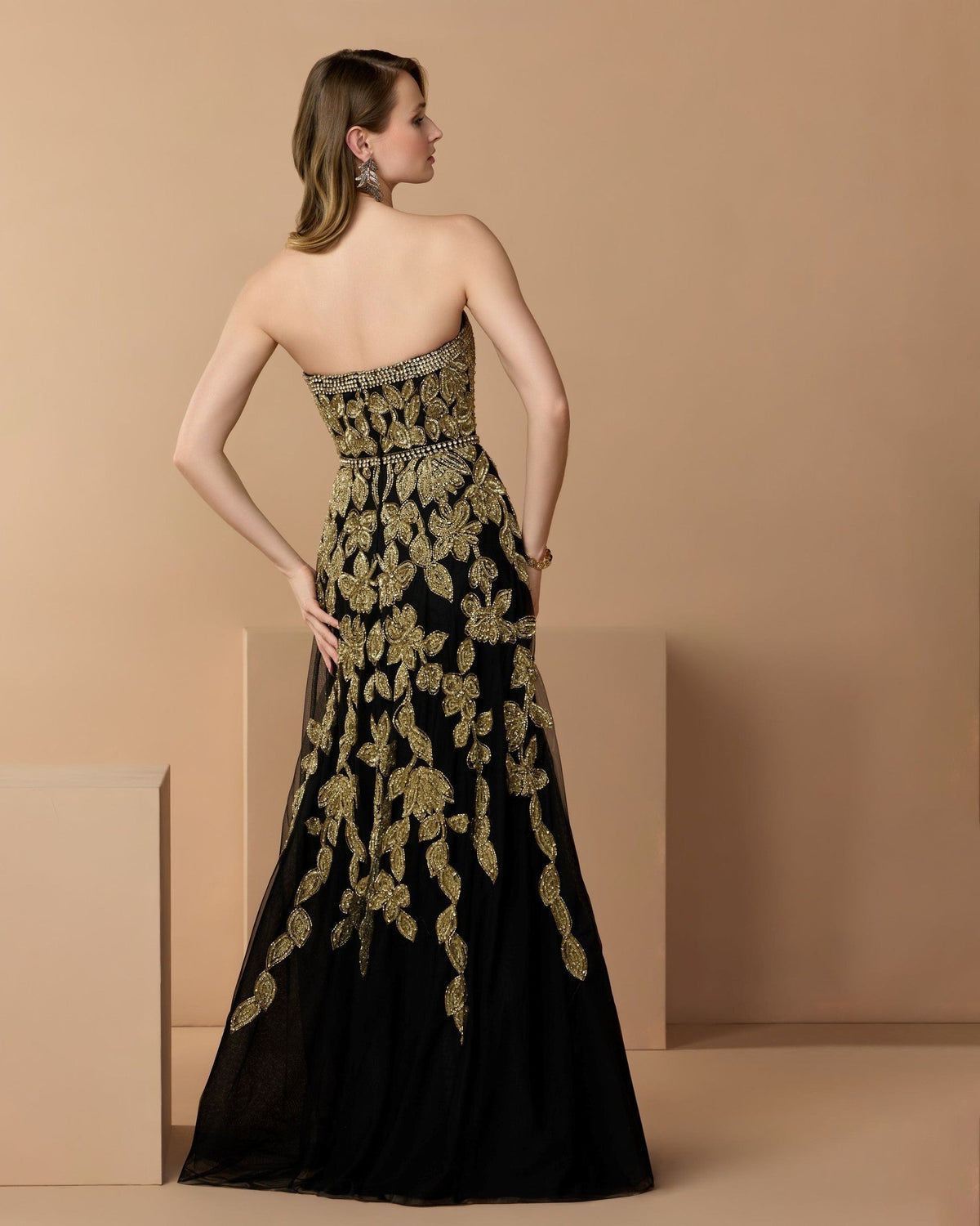 Black Gold Floral Embellished Strapless A-Line Gown