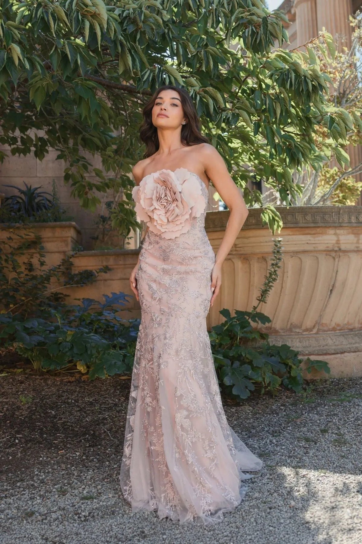Pink Strapless Lace Embellished Trumpet Gown With 3D Flower