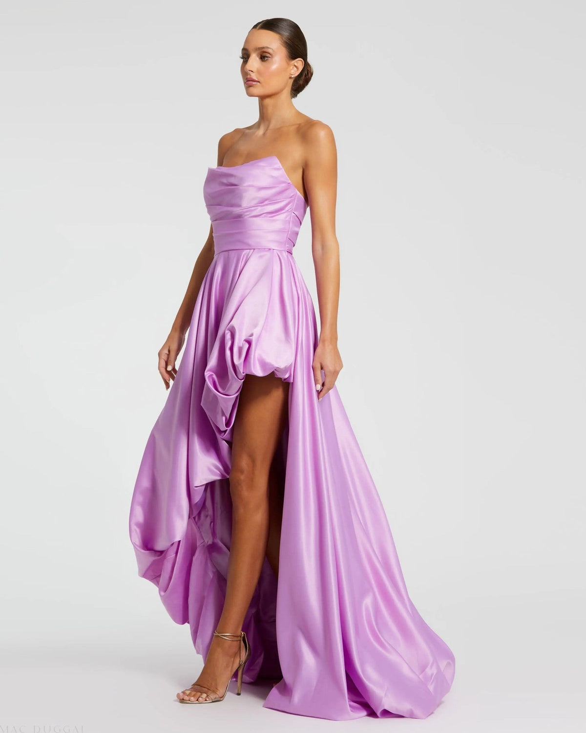 Purple Strapless Ruched High Low Gown
