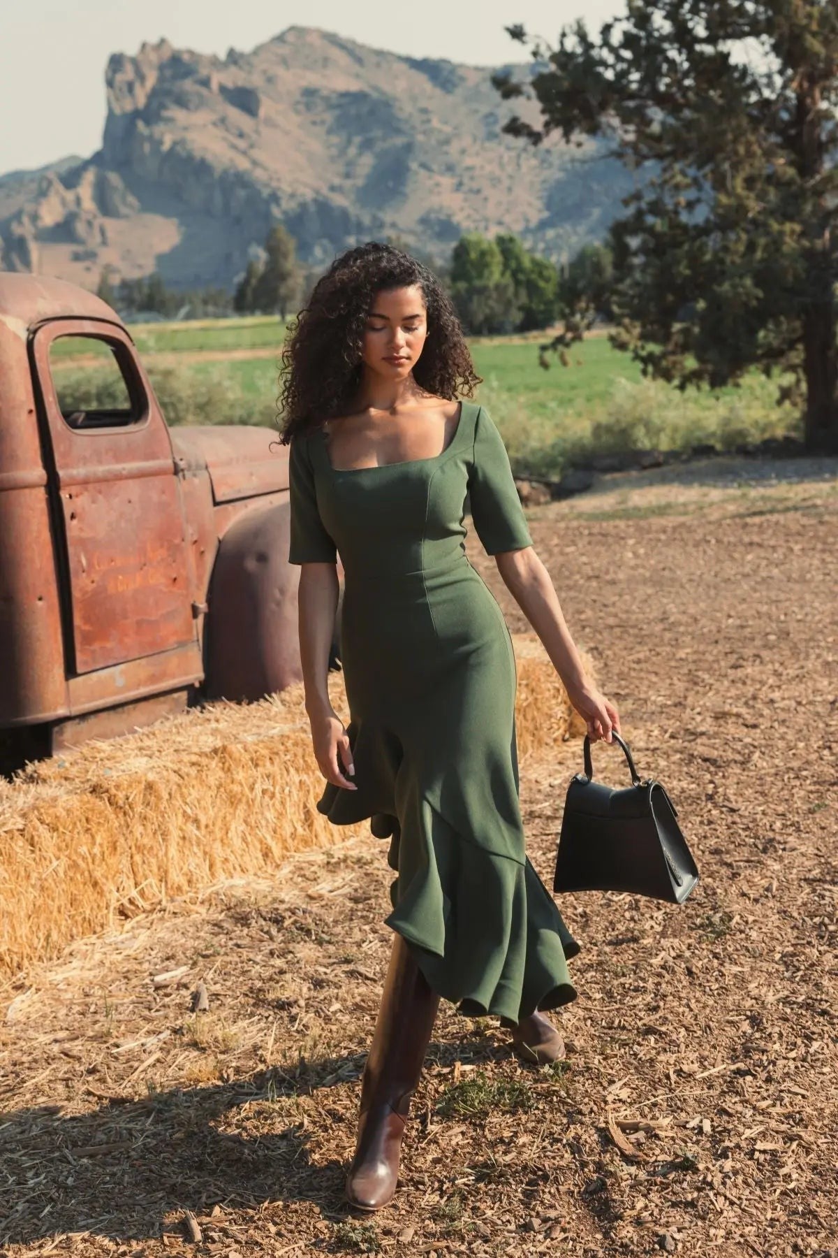 Dark Green Crepe 3/4 Sleeve Asymmetrical Hem Dress - FINAL SALE