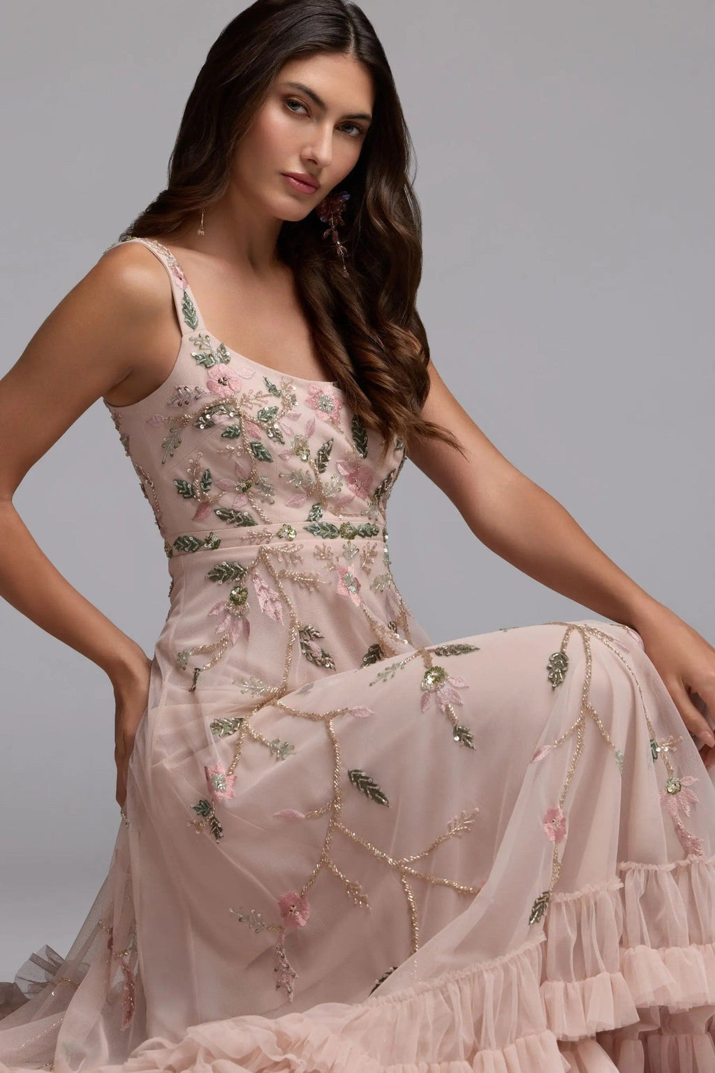 Porcelain Ruffle Midi Dress with Floral Embroidery