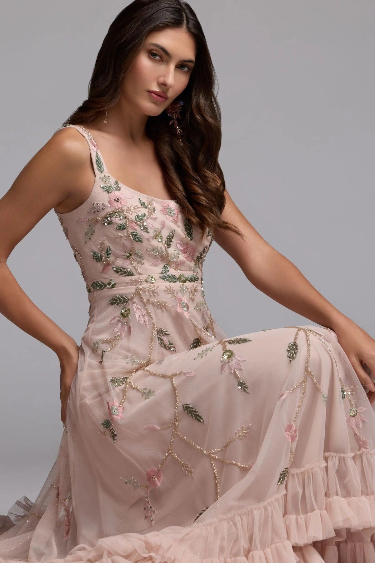 Porcelain Ruffle Midi Dress with Floral Embroidery