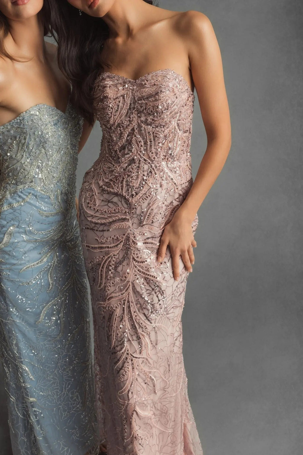 Pink Beaded Sequin Strapless Trumpet Gown