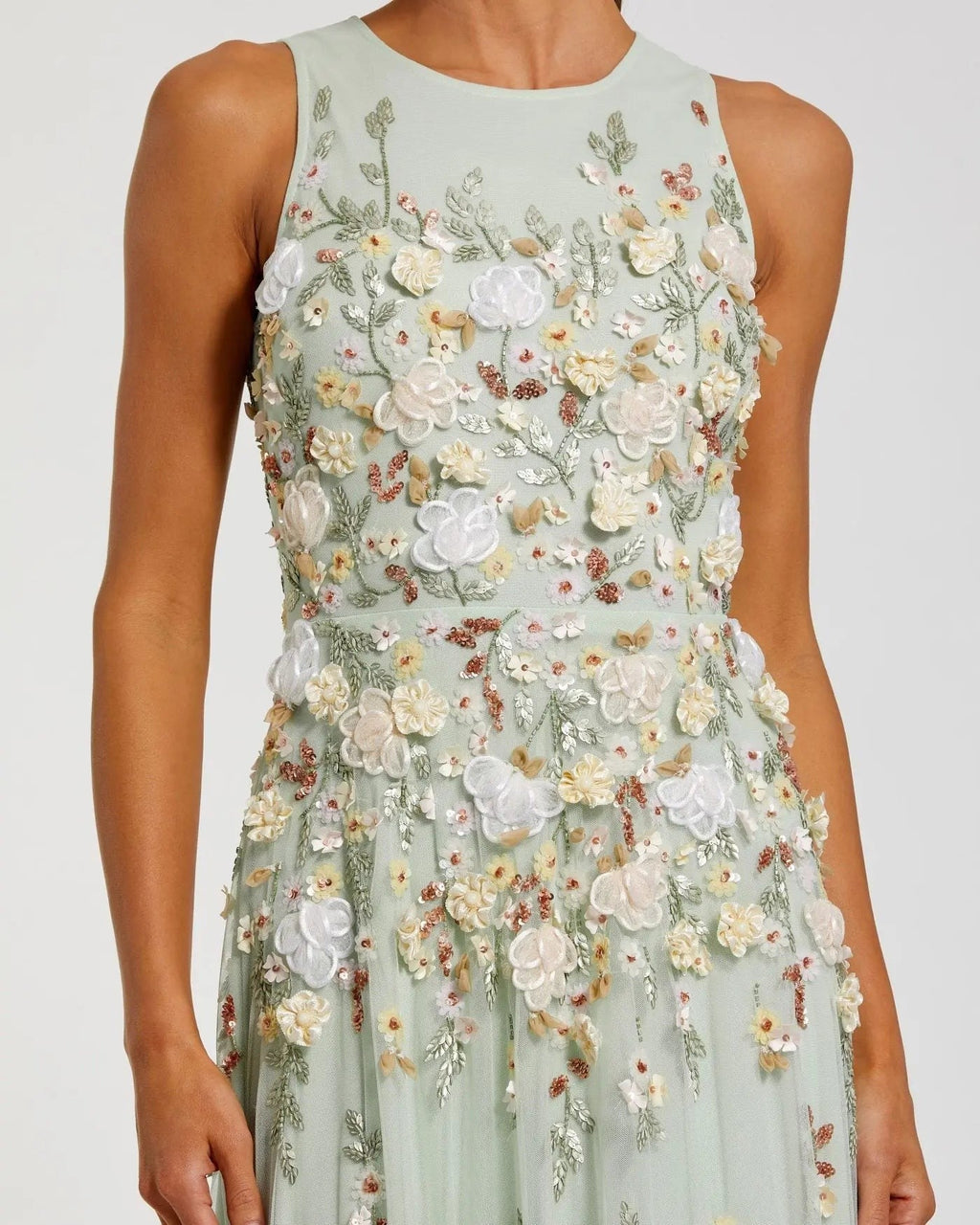 Sage Multi Floral Embellished High Neck Sleeveless Gown