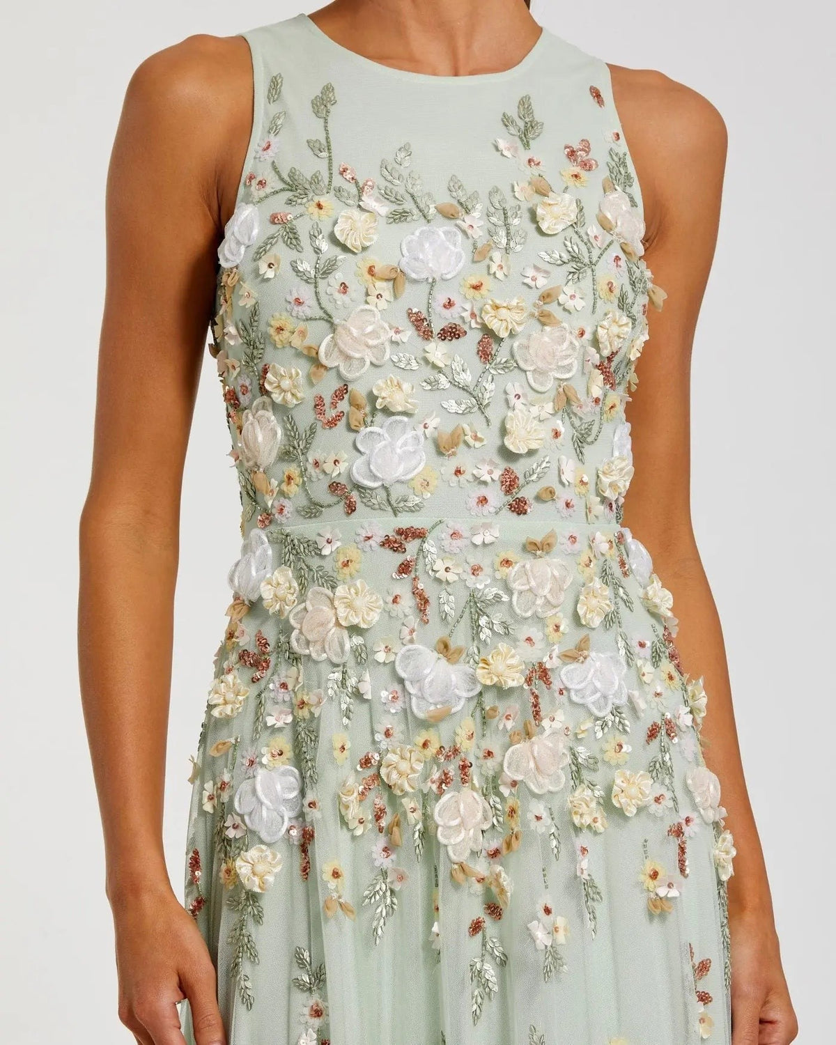 Sage Multi Floral Embellished High Neck Sleeveless Gown