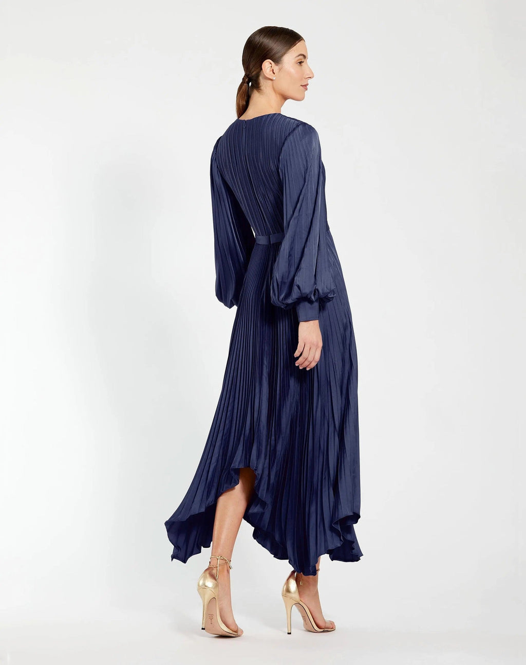 Midnight Long Sleeve Pleated Charmeuse Handkerchief Dress