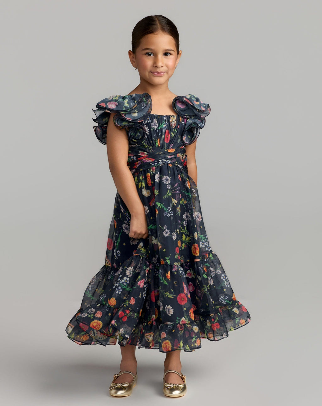 Girls Midnight Multi Floral Chiffon Ruffle Shoulder Dress