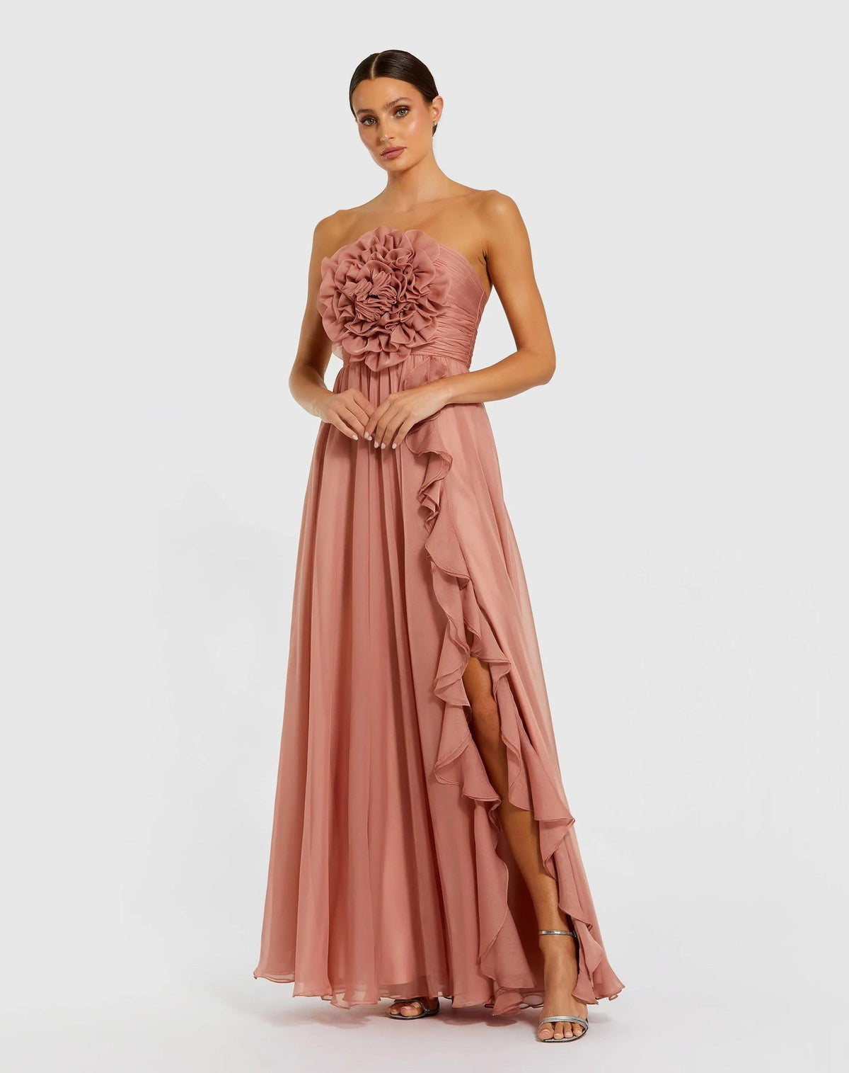 Pink Strapless Chiffon Gown With Oversized 3D Flower