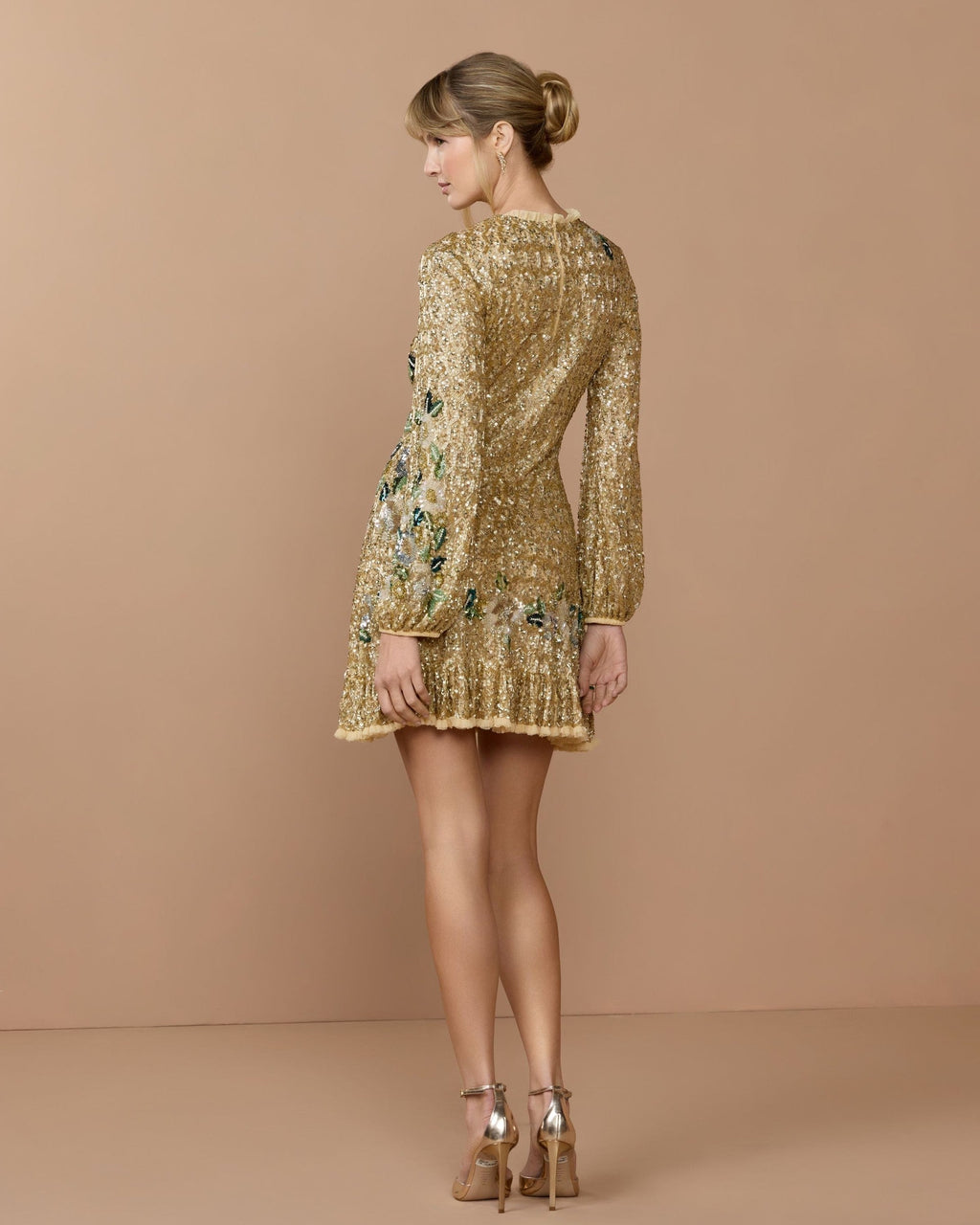 Gold Multi Floral Hand Beaded Long Sleeve Mini Dress