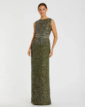 Olive Sequined High Neck Sleeveless Column Gown