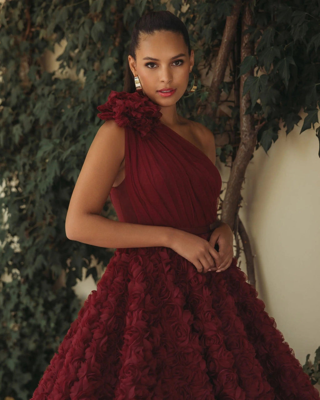 Wine One Shoulder 3D Floral Rosette Midi Dress