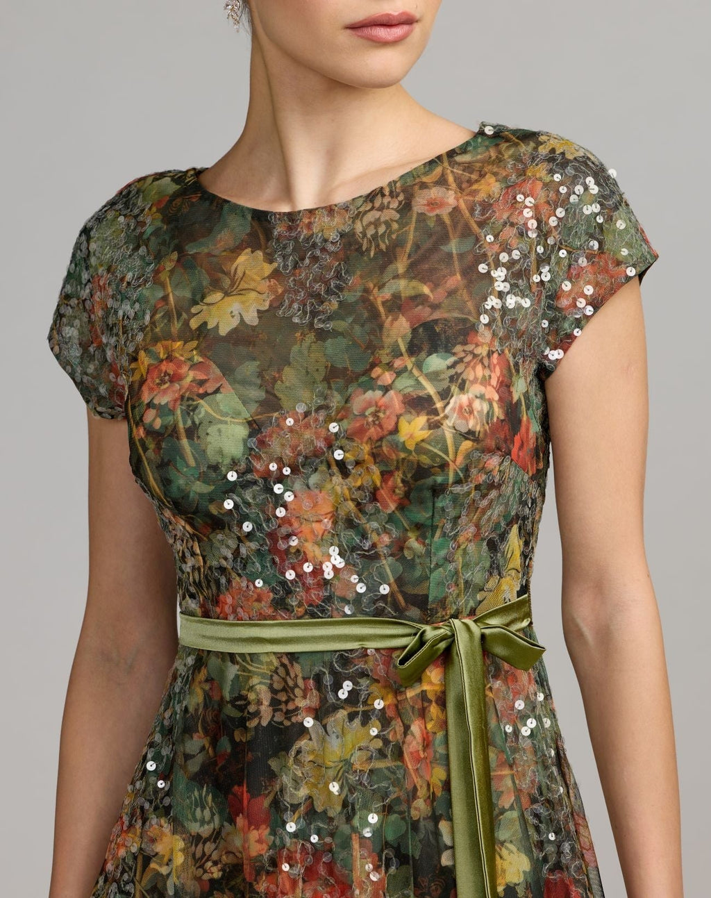 Charcoal Multi Floral Cap Sleeve A-Line Gown