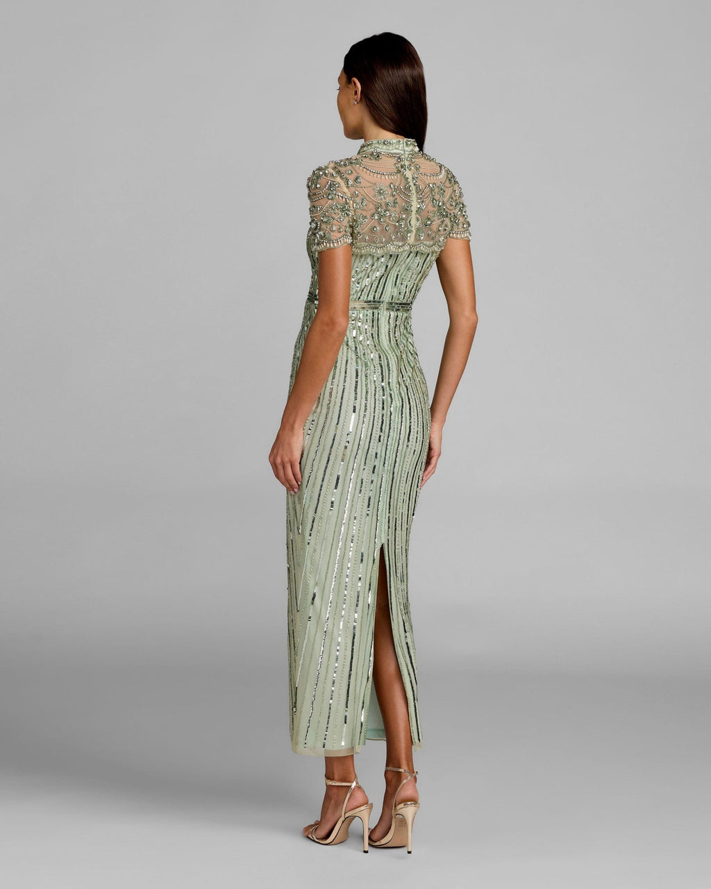 Green Beaded Mock Neck Midi Dress
