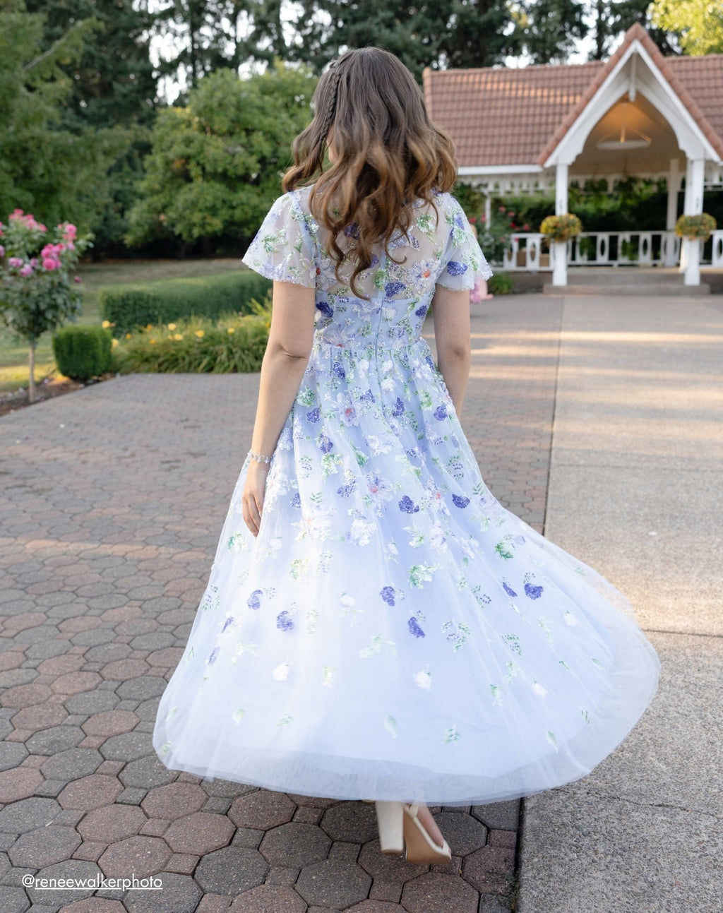 Blue Flutter Sleeve Embroidered A-Line Midi Dress