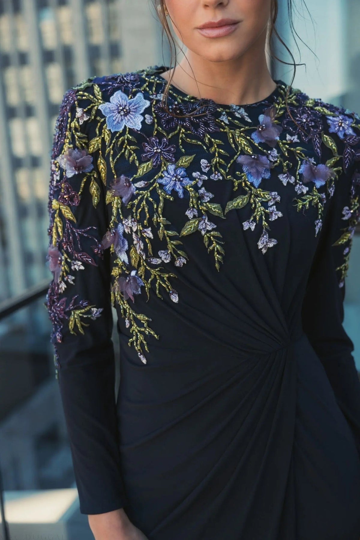 Midnight Embellished Long Sleeve Fitted Jersey Gown