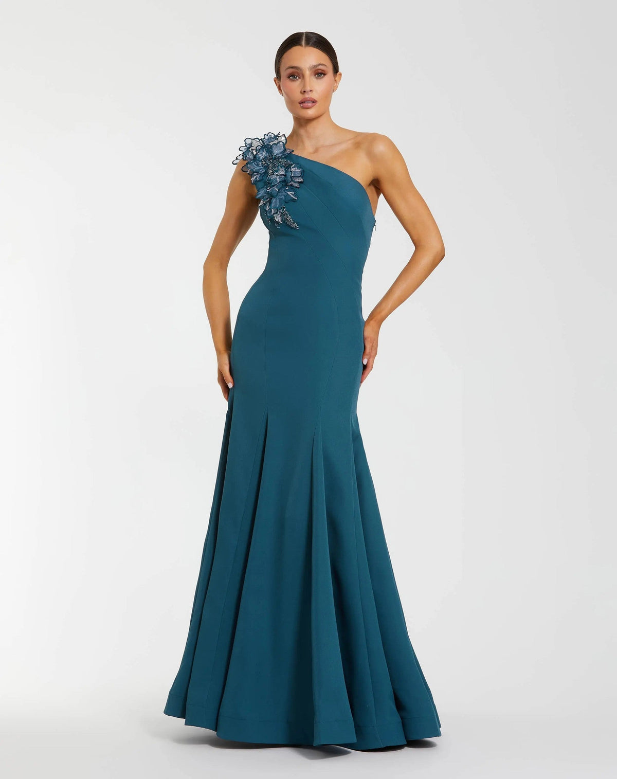 Ocean Blue One Shoulder Mermaid Gown With 3D Flowers