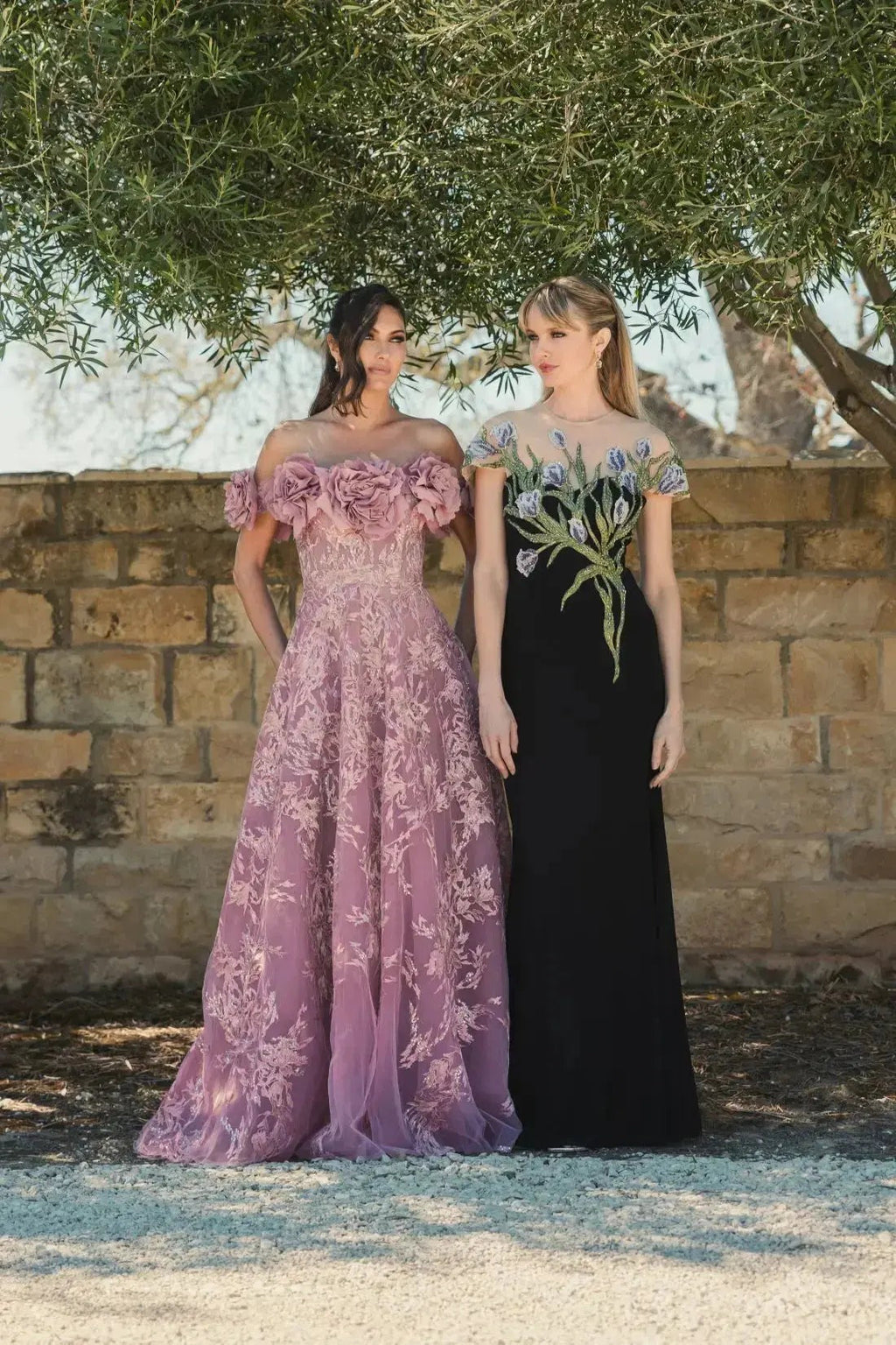 Mauve Off The Shoulder 3D Floral Embroidered A-Line Gown