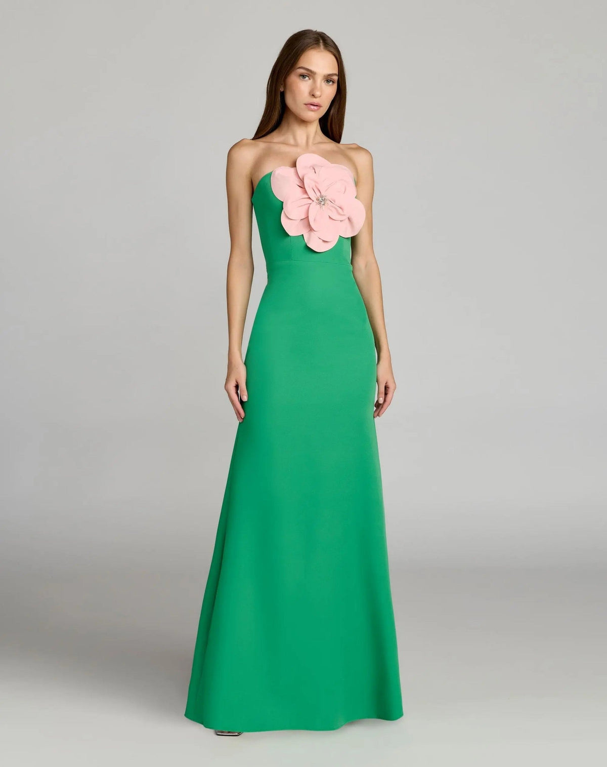 Spring Green Strapless Crepe Gown With 3D Flower