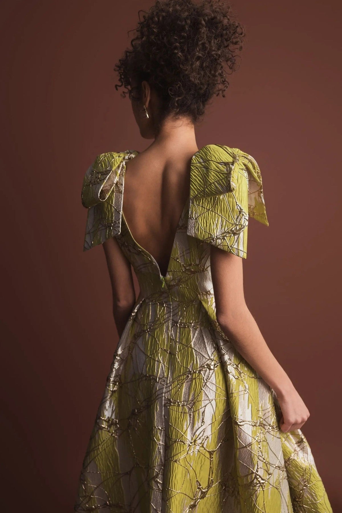 Green Layered Shoulder Bow Metallic A-Line Gown