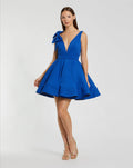 Royal Blue Plunge Neck Fit and Flare Mini Dress With Bow