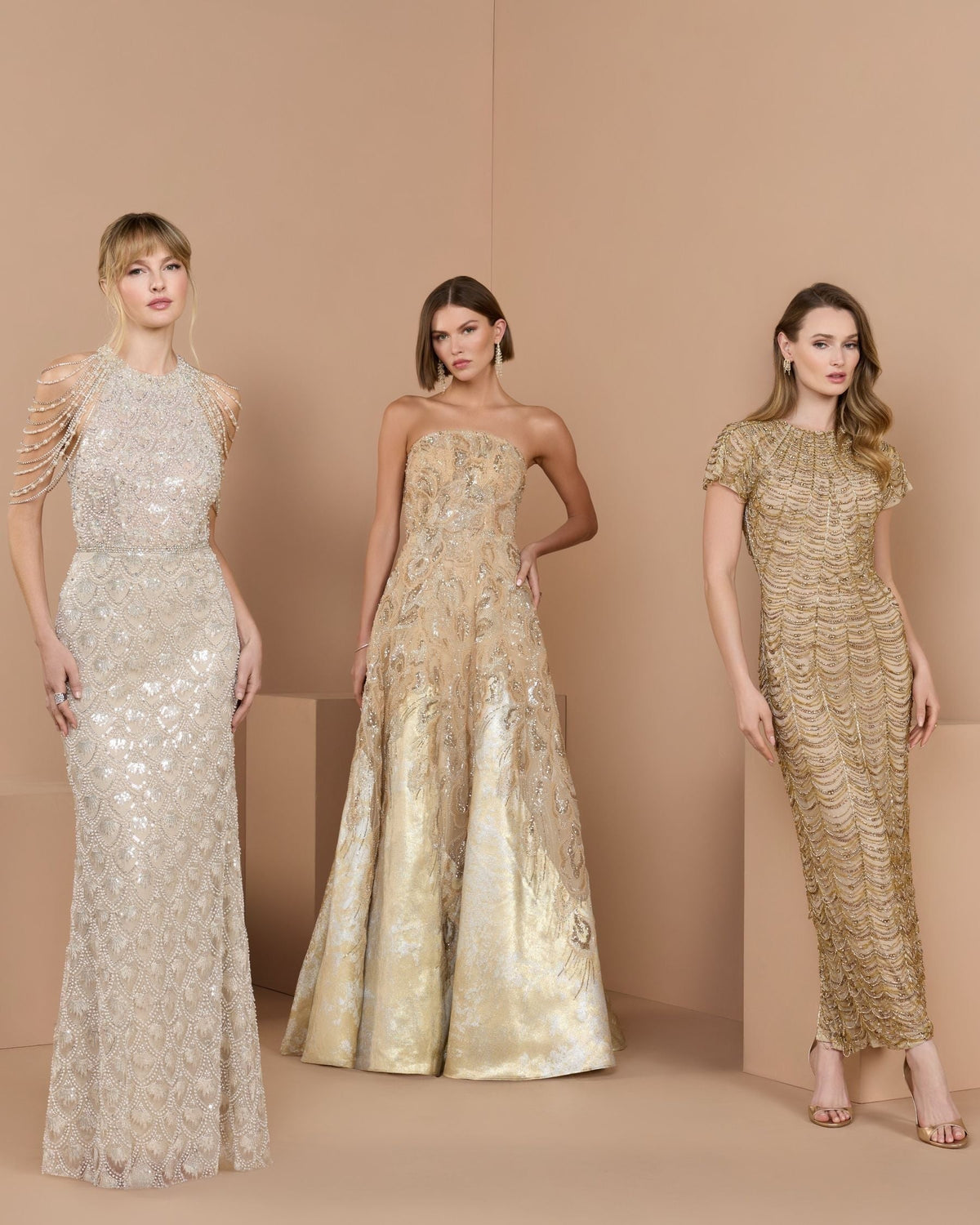 Champagne Strapless Embellished Brocade A-Line Gown