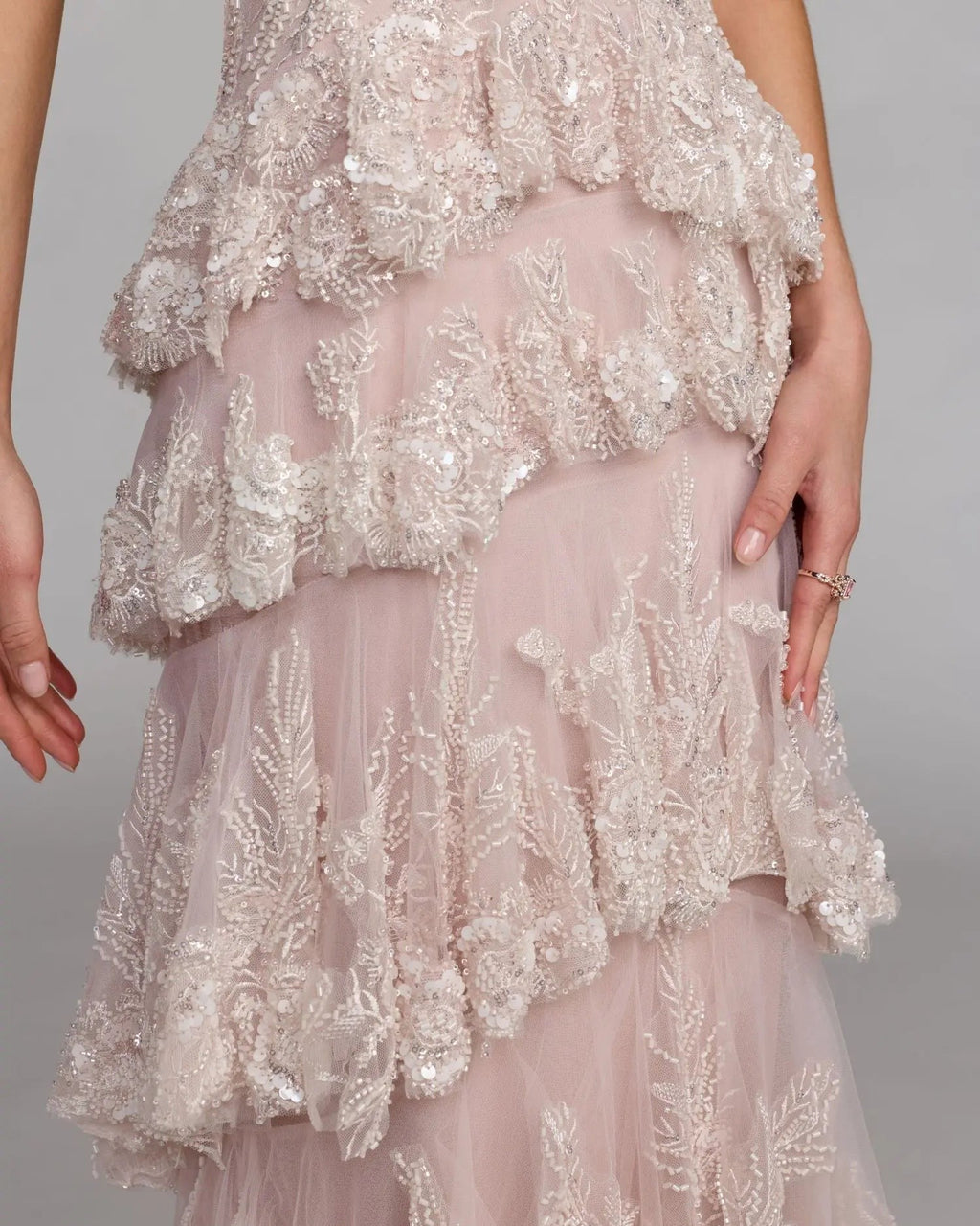 Rose Multi Embellished High Neck Gown With Tiered Ruffle Skirt