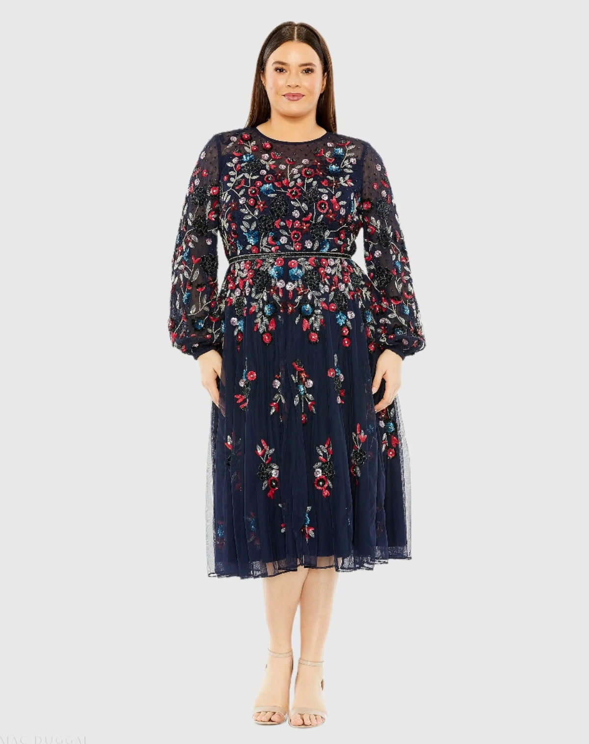 Navy Long Sleeve Beaded Cocktail Dress