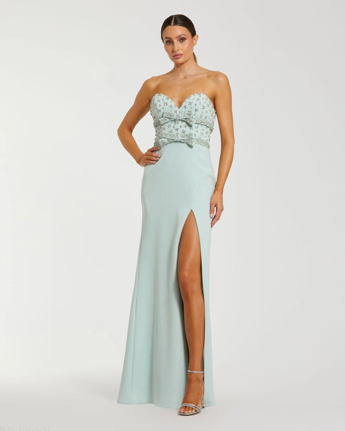 Green Strapless Rhinestone Bodice Crepe Gown