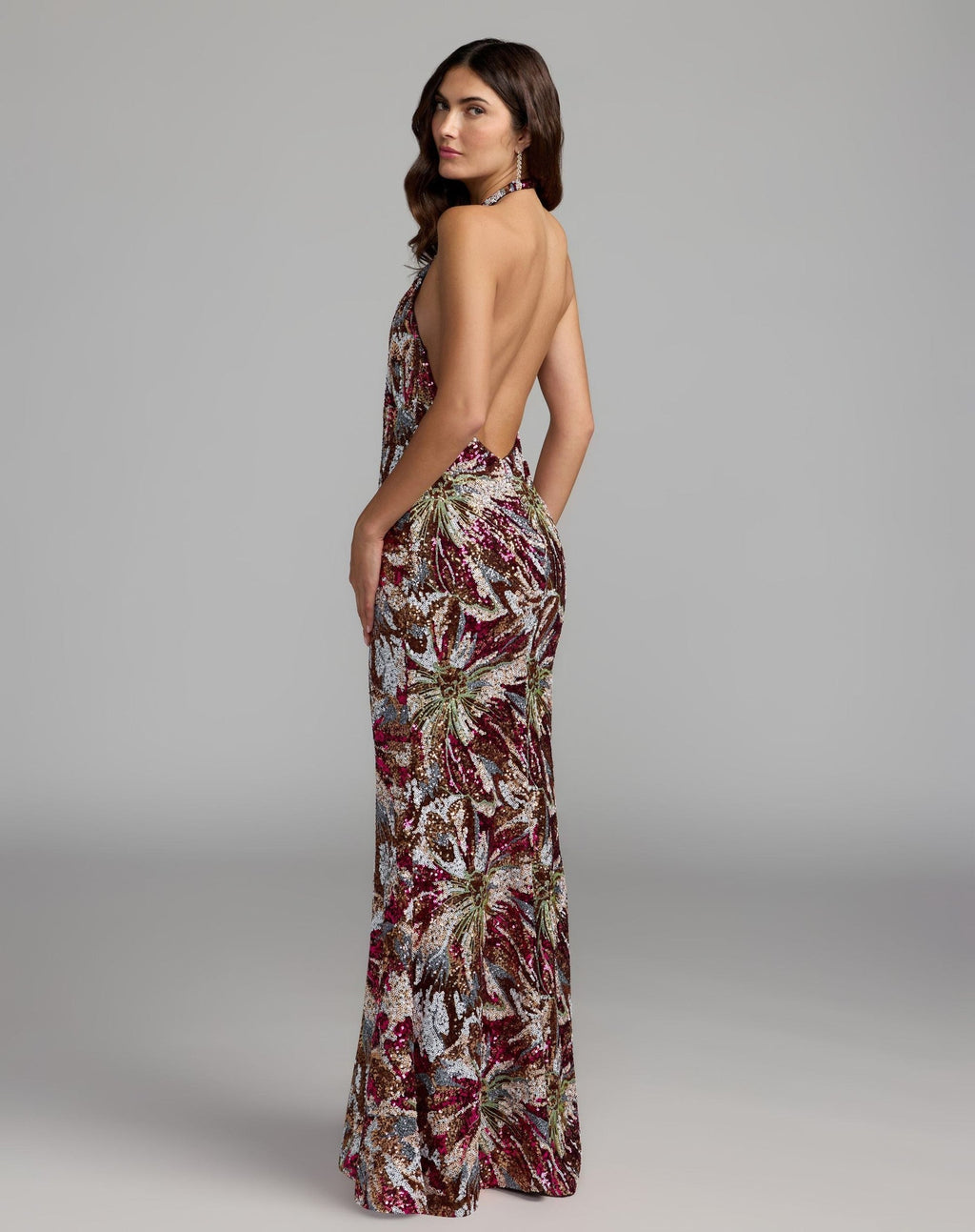 Berry Multi Floral Sequin Sleeveless Open Back Gown