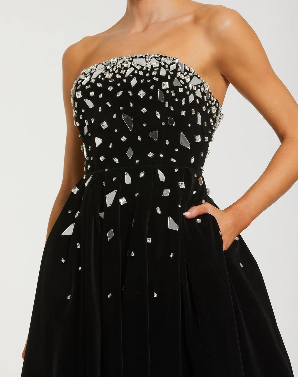 Black Embellished Velvet Strapless A-Line Maxi Dress