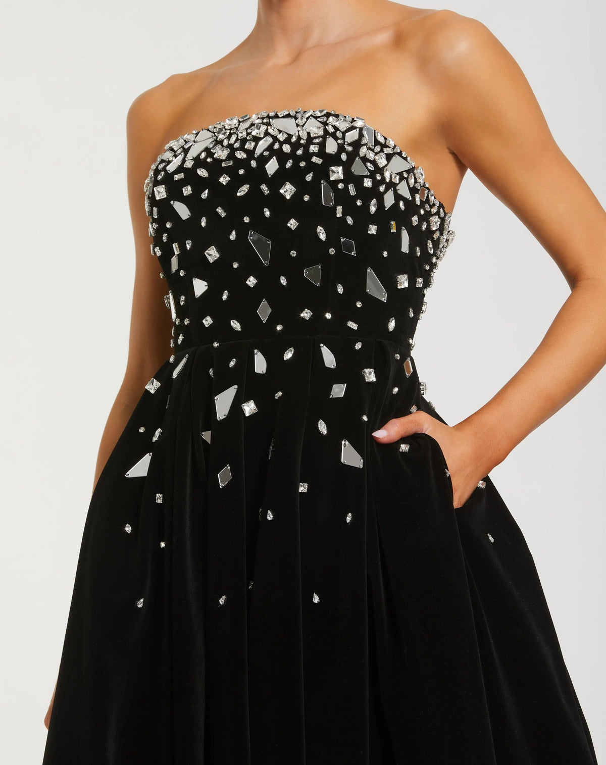 Black Embellished Velvet Strapless A-Line Maxi Dress