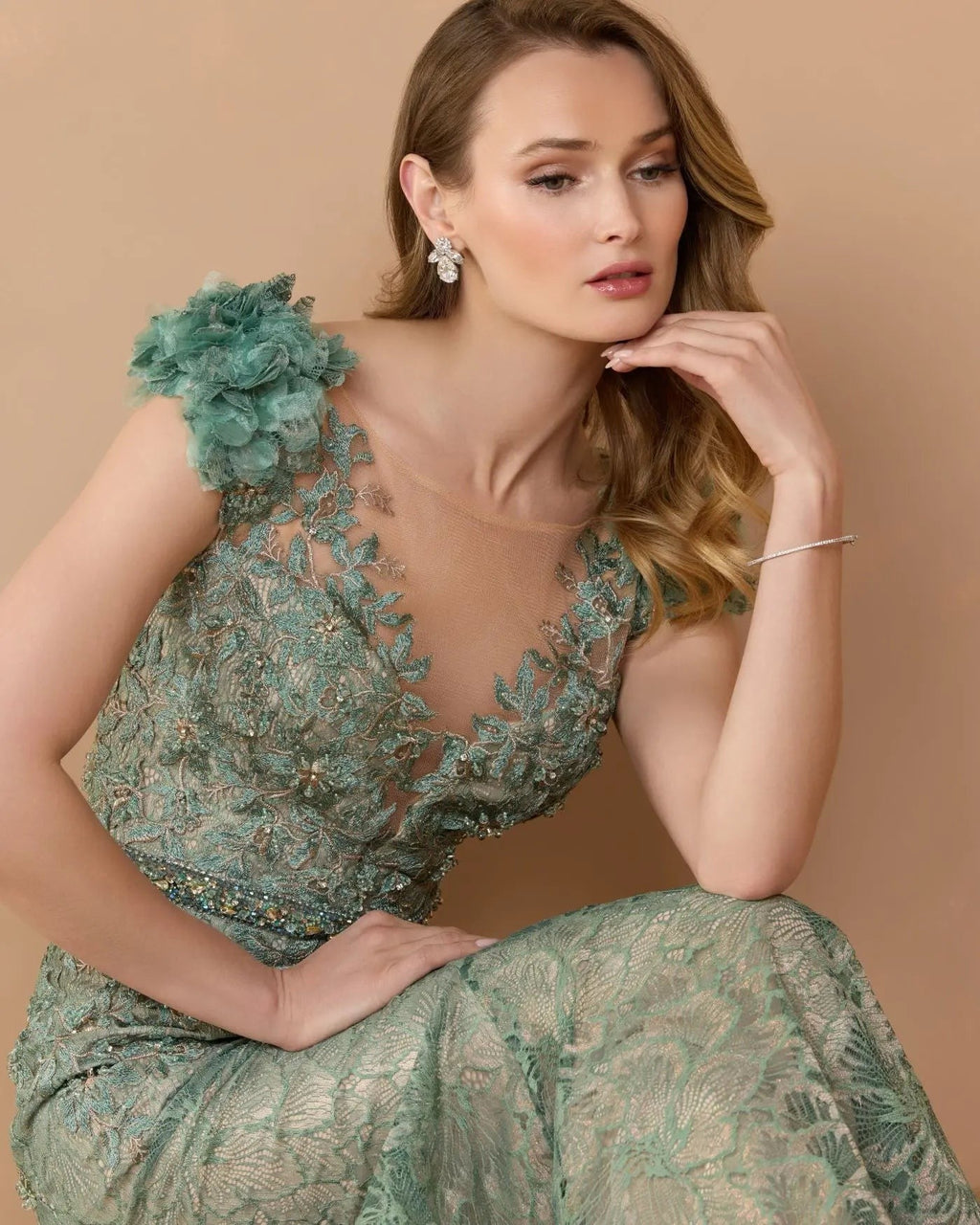 Sage Embellished Lace Illusion Neck Gown With 3D Flowers