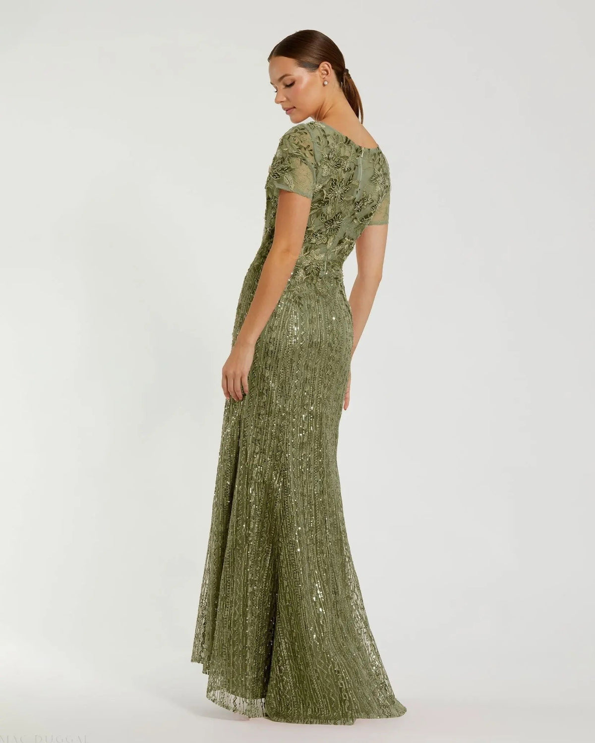 Olive Embellished V Neck Cap Sleeve Trumpet Gown