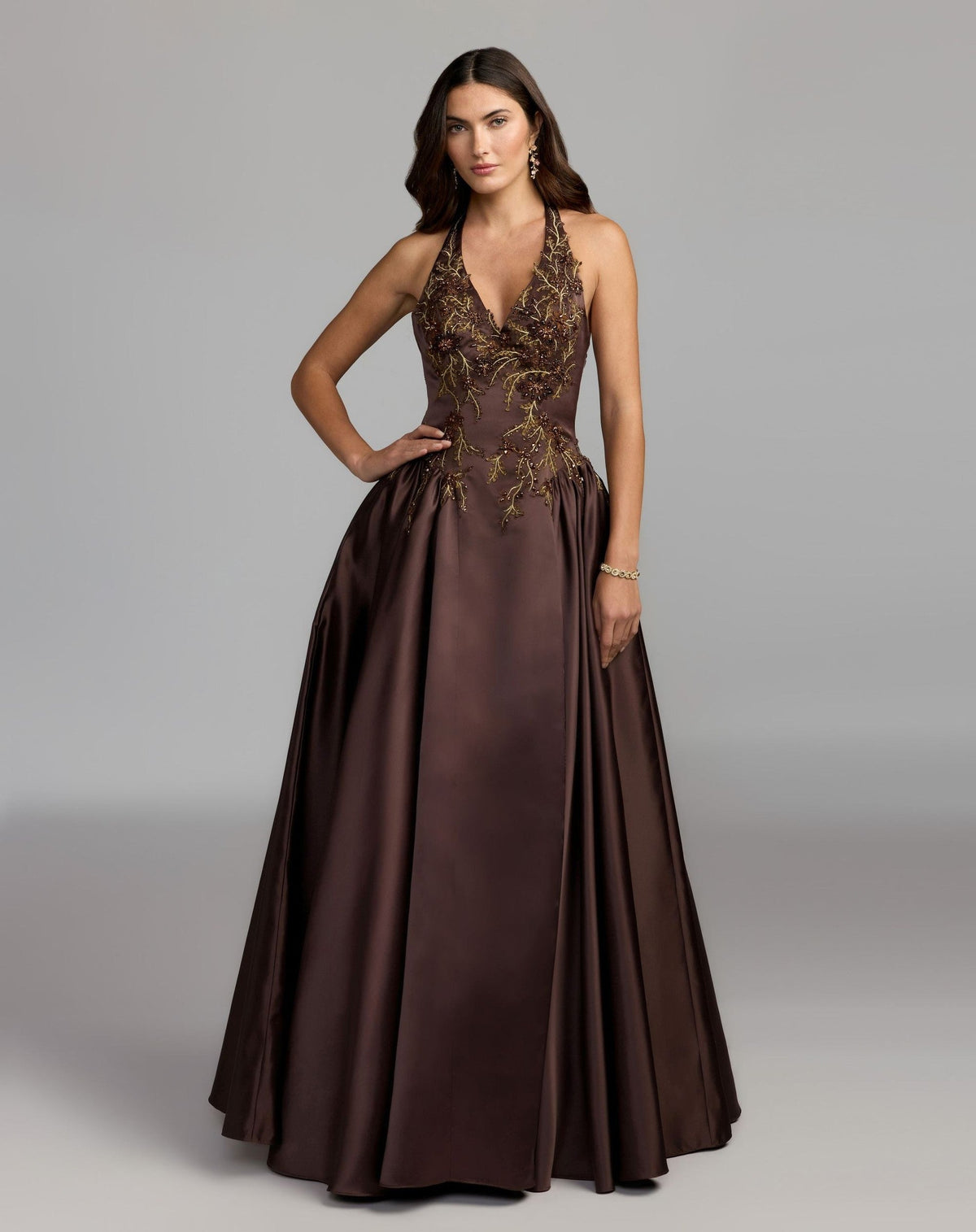 Brown Halter Neck Floral Embroidered Satin A-Line Gown