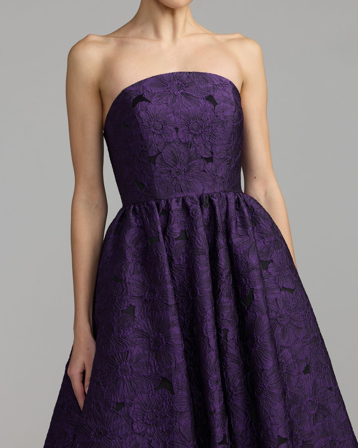 Ultra Violet Floral Brocade Strapless Midi Dress