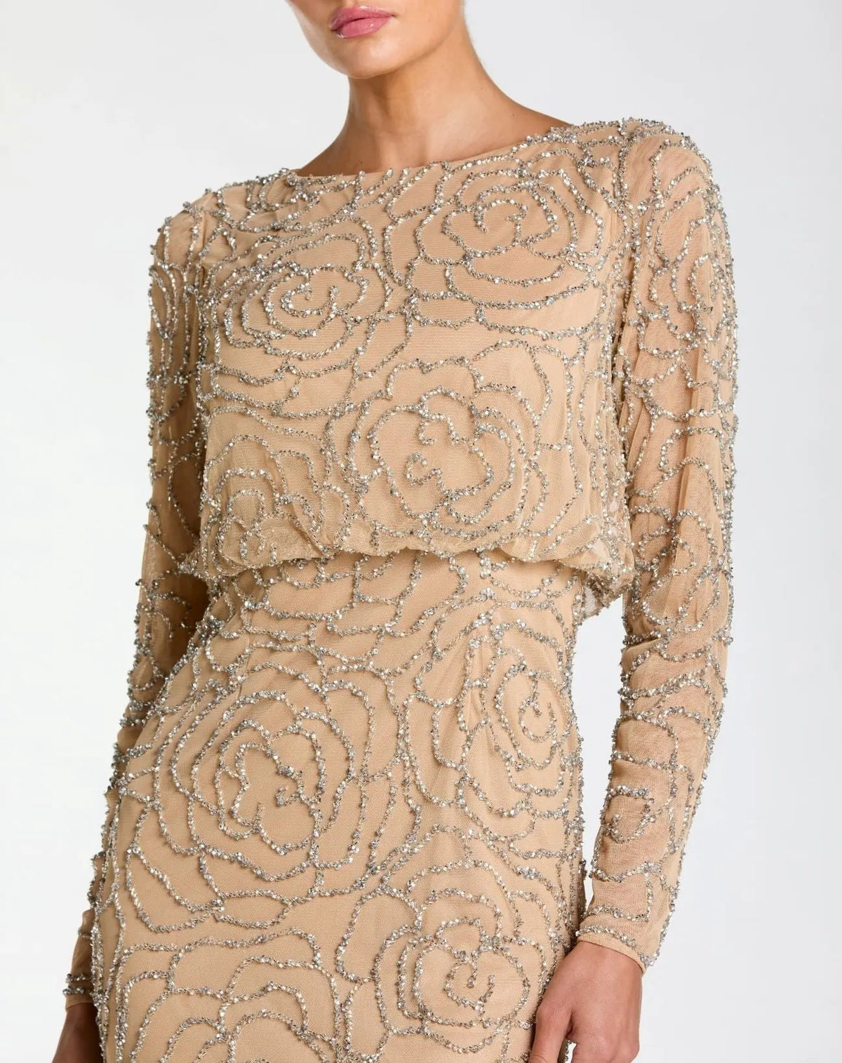 Beige Long Sleeve Beaded Blouson Gown