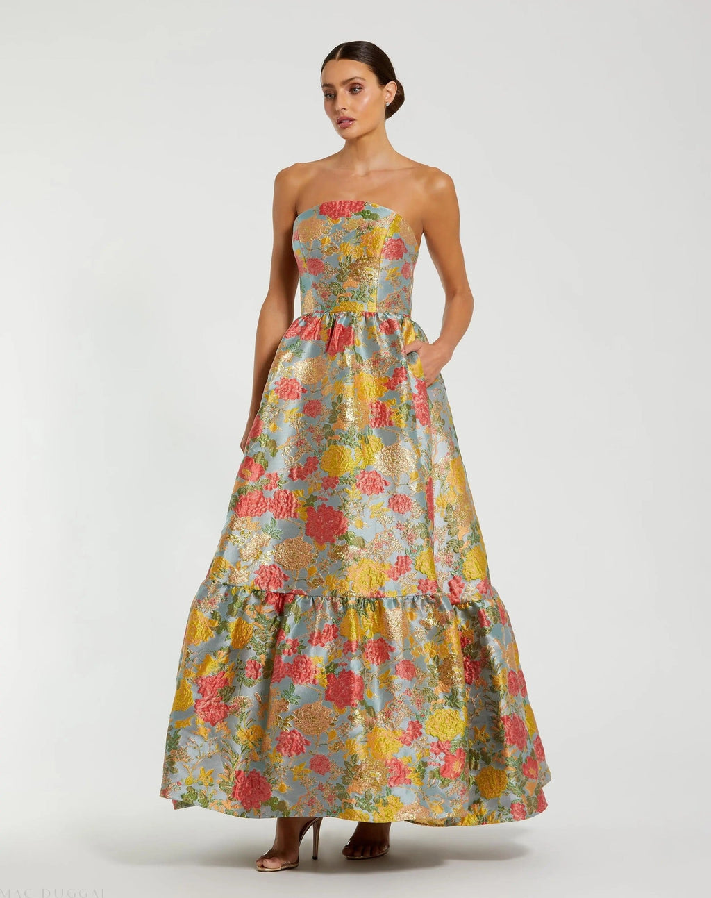 Multicolor Strapless Floral Brocade Dress with Ruffles