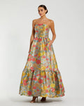 Multicolor Strapless Floral Brocade Dress with Ruffles