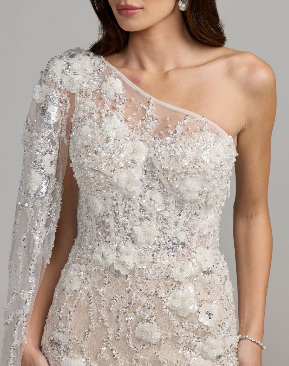 Ivory Nude Beaded One Shoulder Corset Midi Dress