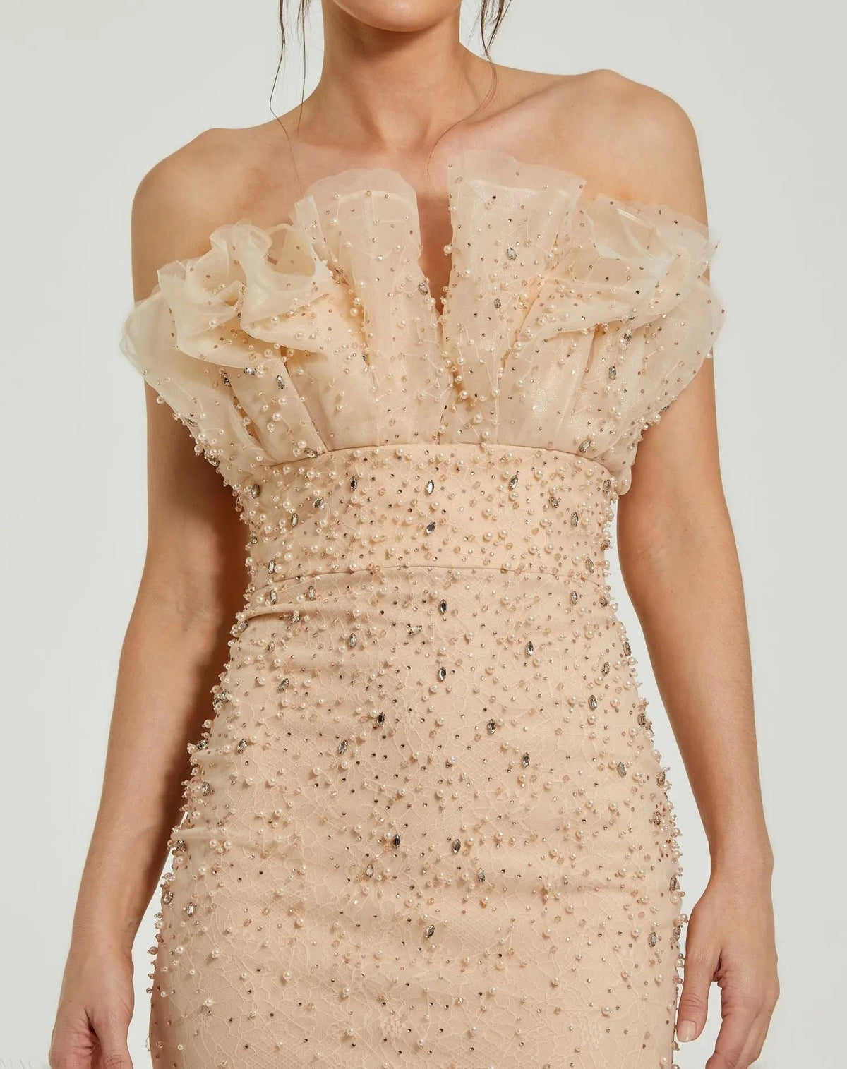 Beige Strapless Embellished Tulle Mermaid Gown