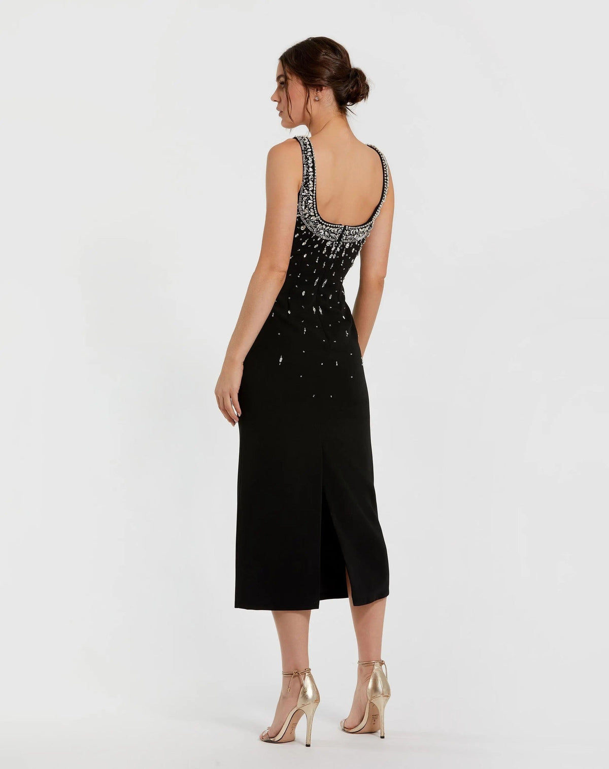 Black Beaded Crepe Scoop Neck Sleeveless Midi Dress