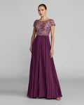 Petite Plum Embroidered Cap Sleeve Pleated Gown