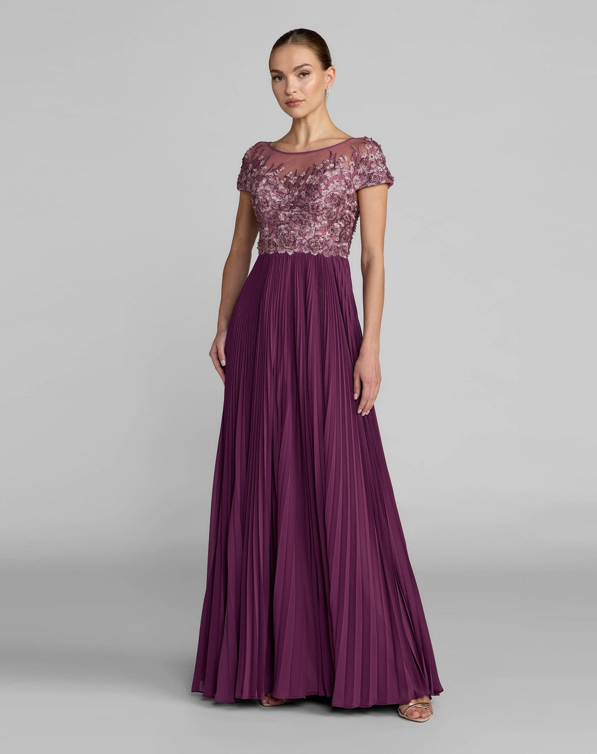 Petite Plum Embroidered Cap Sleeve Pleated Gown