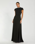 Black Cap Sleeve Gown With Embellished Neckline