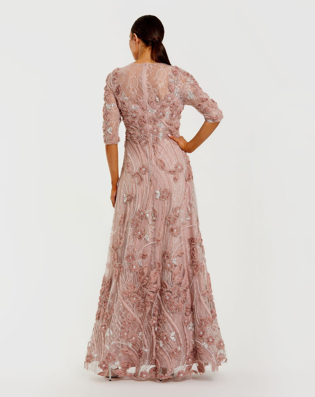 Petite Mocha High Neck Embellished Lace Gown With 3/4 Sleeves