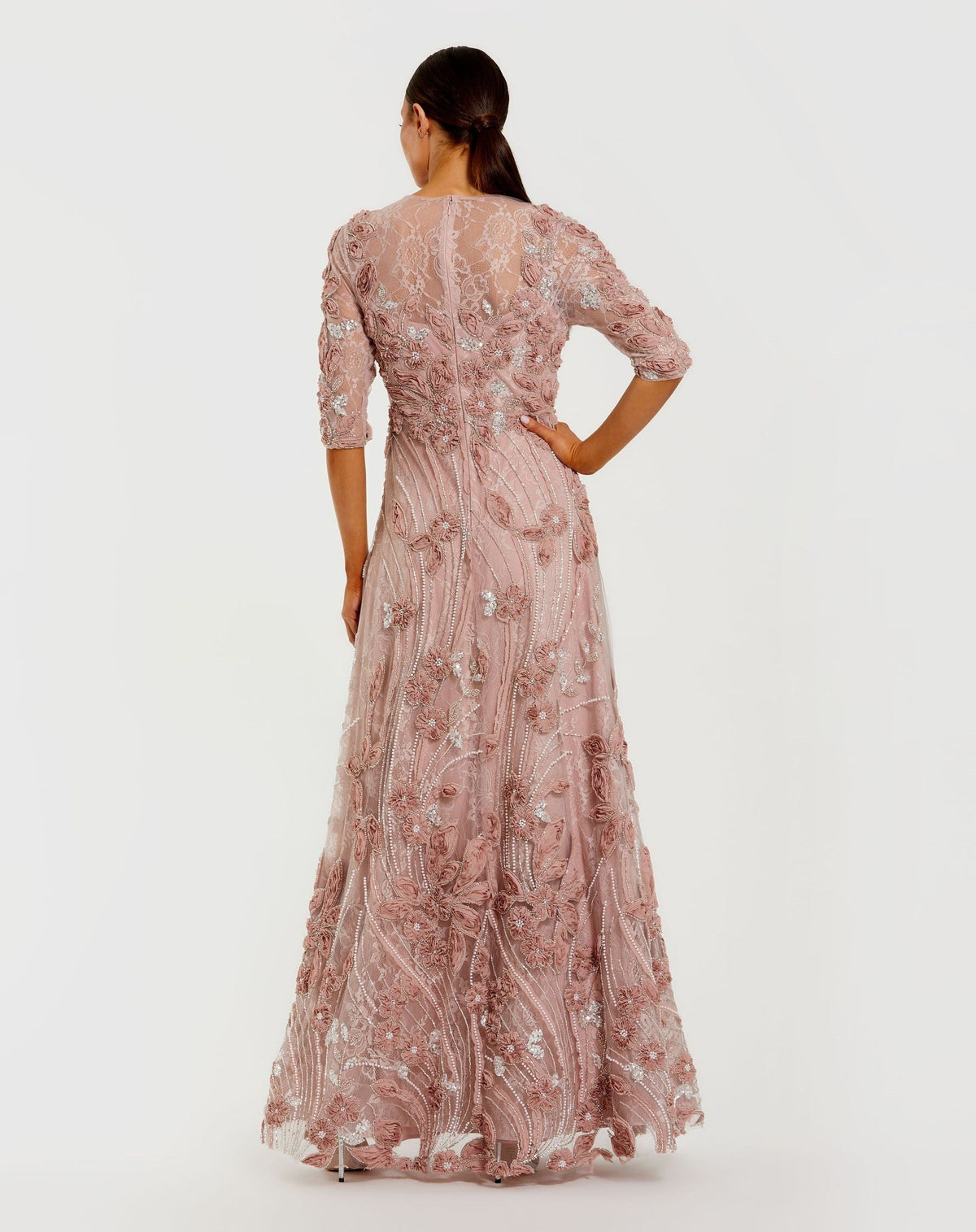 Petite Mocha High Neck Embellished Lace Gown With 3/4 Sleeves
